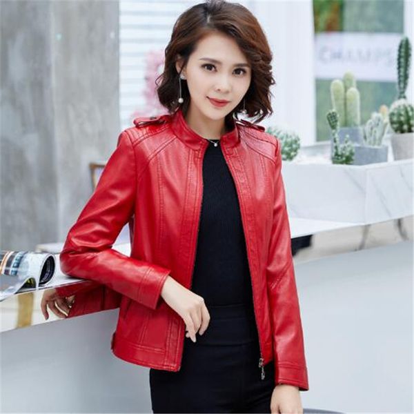 

new style women's clothing in spring autumn 2018 fashion slim water washed leather motorcycle leather collar pure color pujacket, Black
