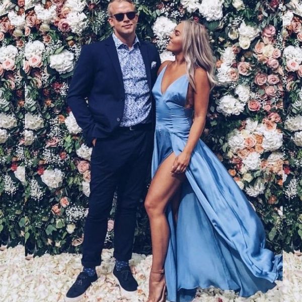 

light sky blue prom dress with split attractive a-line v-neck backless celebrity party dresses fashion floor length 2018 prom dresses, Black