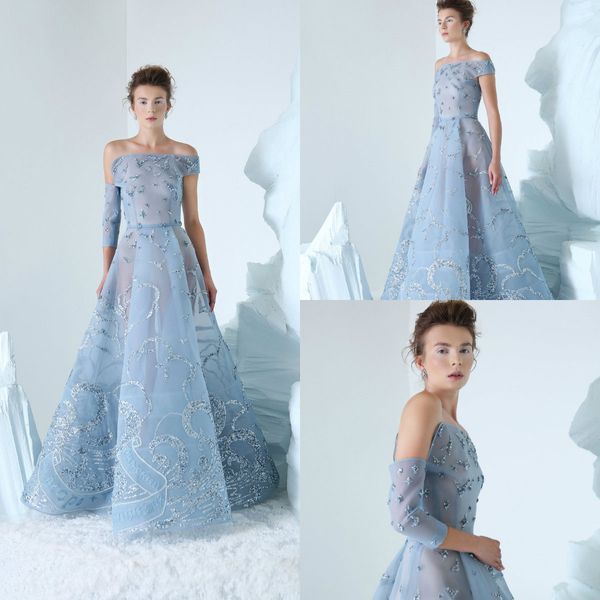 2019 Abiti da ballo blu con perline Paillettes Manica lunga Illusion Off The Shoulder Una linea Abito da sera Abiti da festa Abiti di fidanzamento su misura