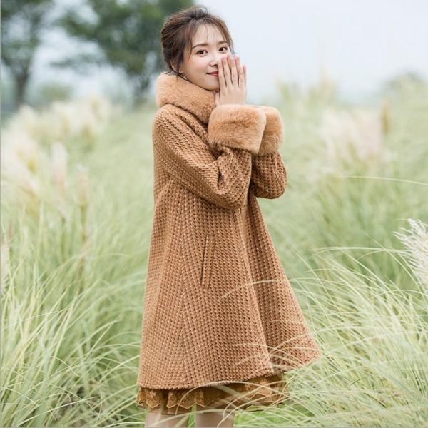 

2018 autumn winter new fashion plaid tweed coats female long wool coat real fur collar lace patchwork elegant outerwear gx1573, Black