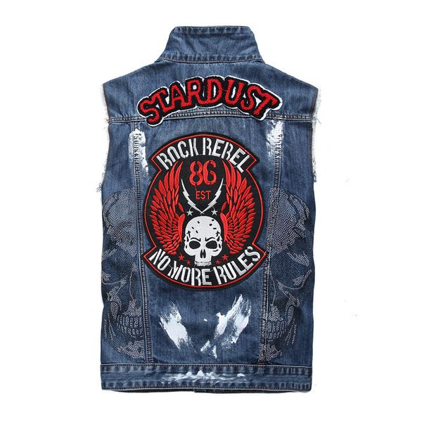 

trendy jean vest jacket mens slim fit rock hip hop cool streetwear men vest denim jackets patch badges scratched teen, Black;white