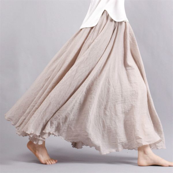 

2018 women linen cotton long skirt pleated skirt elastic waist maxi skirts beach boho vintage summer skirts saia faldas, Black