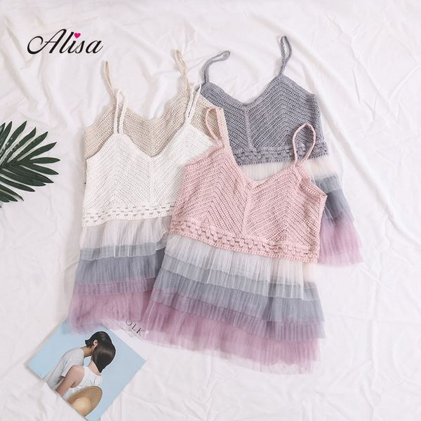 

2018 summer gauze patchwork spaghetti camis women knitted vest korean woman tank short crop camisetas blusa de malha, White