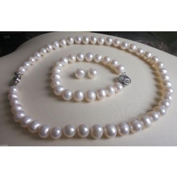 

charming set 9-10mm white akoya natural pearl necklace bracelet earrings, Silver