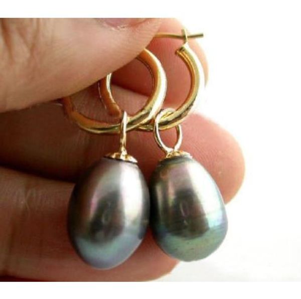 

very charming huge 11-14mm rice peacock black pearl dangle earring 14k, Golden