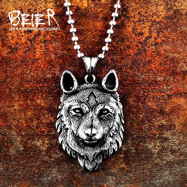 

beier 316l stainless steel norse vikings pendant necklace norse wolf head necklace original animal jewelry wolf head hange lp352, Silver