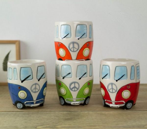 

new design cartoon double bus mugs hand painting retro ceramic cup coffee milk tea mug drinkware novetly gifts 1pc