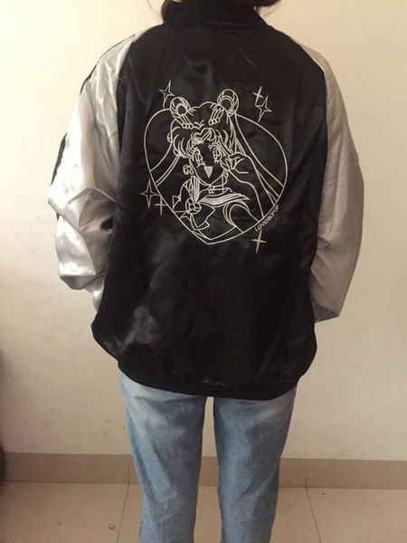 

sailor moon tsukino usagi anime cartoon embroidery satin silky bomber jacket spring kawaii plus size lolita girl silk thin coat, Black;brown