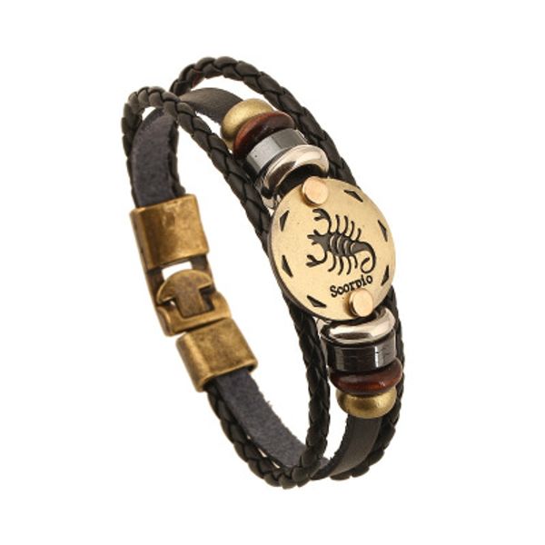 

12 созвездий кожаный браслет ювелирные изделия дизайнер панк кожаный браслет мужская повседневная личность знаки зодиака панк хип-хоп брасле, Golden;silver