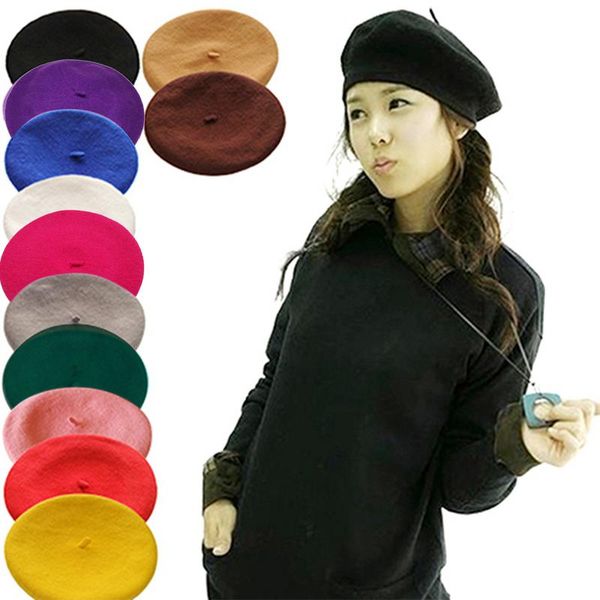 

womens winter hat beret female wool cotton blend cap 16 color new woman hats caps black white gray pink boinas de mujer, Blue;gray