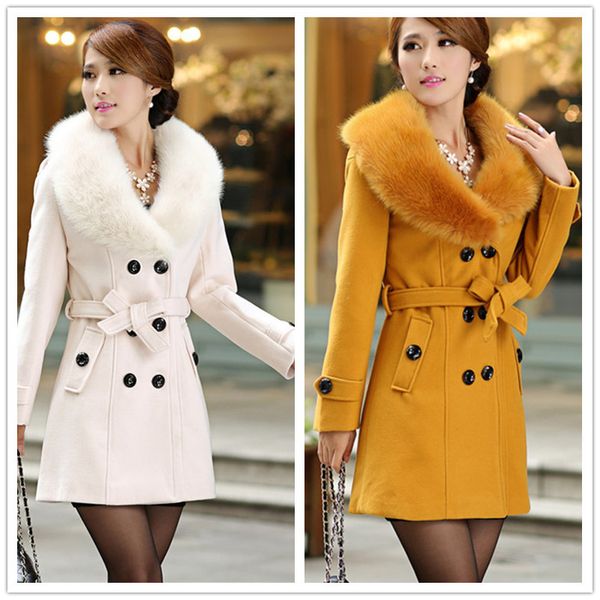 

woolen coat female long women's windbreaker winter korean version of the large fur collar double-sided woolen coat women, Black