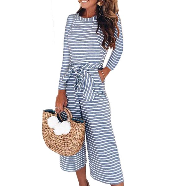 

elegant jumpsuits women long sleeve striped jumpsuit loose trousers wide leg pants rompers holiday belted leotard overalls, Black;white
