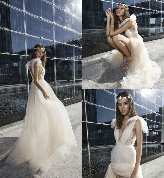 

элегантное a line свадебное платье глубокий v-образным вырезом тюль с ремнями бусы блестки vestido de novia tiers пляж без рукавов свадебные, White