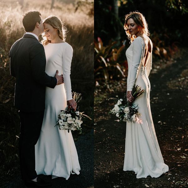 

chic boho русалка свадебные платья с длинными рукавами 2018 спинки простые богемия свадебные платья атласное свадебное платье, White