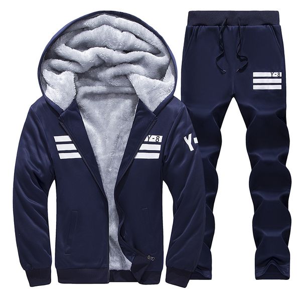 

winter warm hooded tracksuit men two piece sets suit hoodie fleece thick jacket+pants men's sportswear casual male sporting suit, Gray