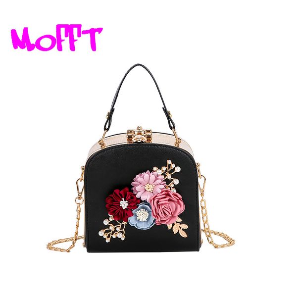 

mofft women flap bag new handbag leather sweet girl square bag flower pearl chain shoulder messenger