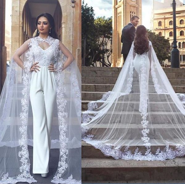 

2019 new jumpsuits wedding dresses with wrap deep v neck backless sequins lace appliqued floor length bridal gowns, White