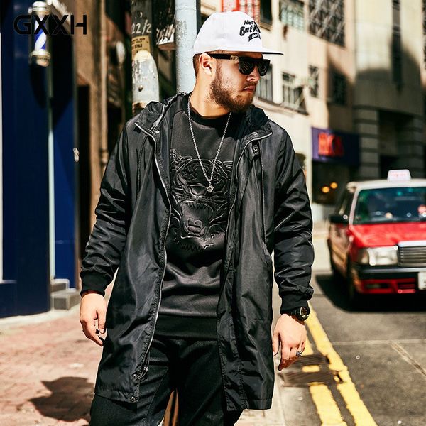 

2018 autumn trendy large size 6xl long section personality printing windbreaker men loose fashion casual hooded casual jacket, Tan;black