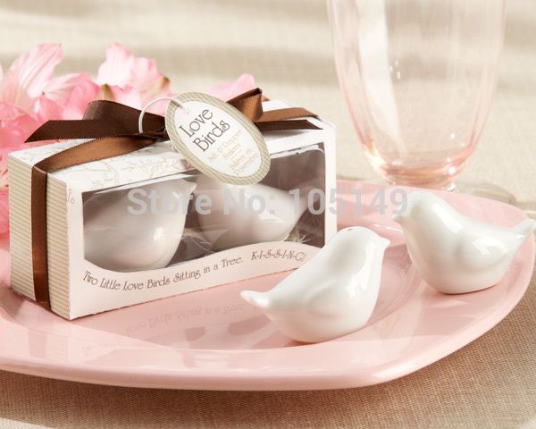 

50pcs/lot(25boxes) quality promise 2015 unique wedding gift of love birds ceramic salt and pepper shakers wedding favors