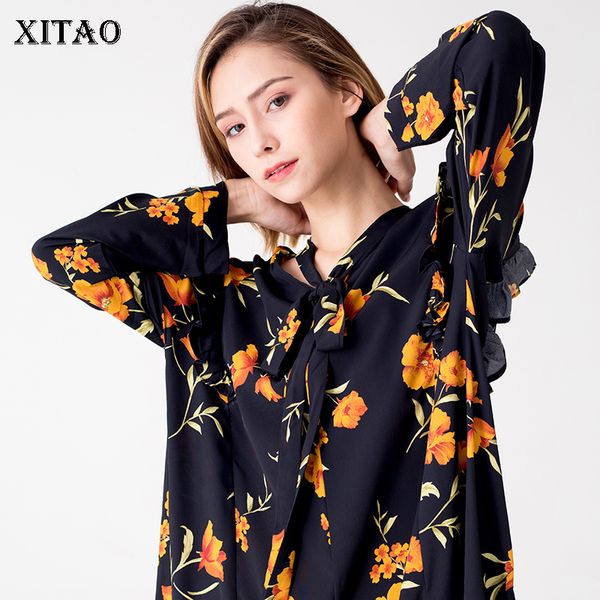

xitao] europe fashion new women 2018 autumn stand collar full sleeve loose dress female print bow mid-calf dress zll1512, White;black