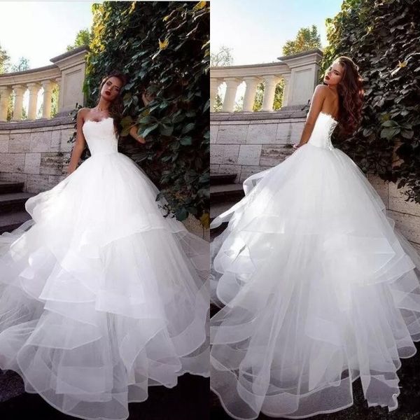 

2019 strapless vestido de novia white wedding dresses ruched tulle sweep train corset back simple elegant custom made bridal gowns