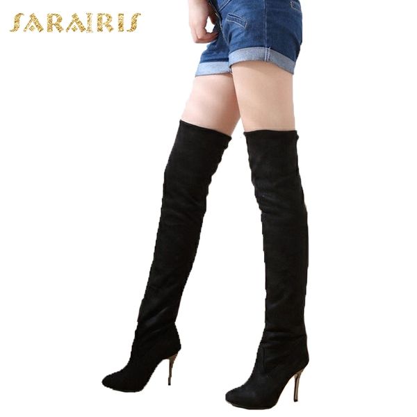 

sarairis new plus sizes 43 women's party prom boots shoes thin high heels over the knee boots shoes woman, Black