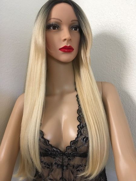 

blonde wig straight with side bangs ombrÃ© dark roots 24 inch long, Black;brown