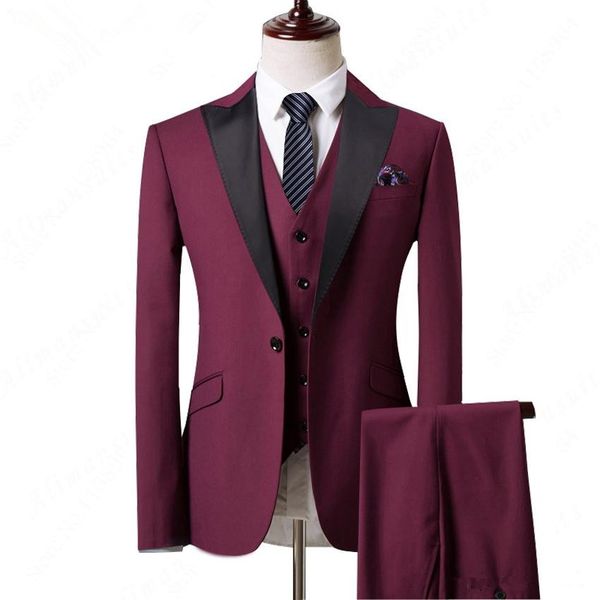 Popular Crimson Pico Lapela Um Botão Do Casamento Do Noivo Smoking Ternos Dos Homens de Casamento / Prom / Jantar Melhor Homem Blazer (Jacket + Tie + Vest + Calças)