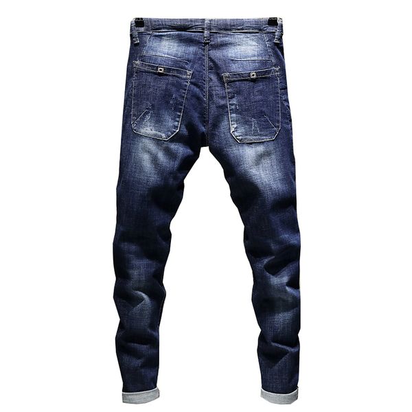 

Stonewashed Jeans Men 'S Stretch Biker Ripped Pants Blue Drawstring Slim Fit Tapered Torn Distressed Boys Student Joggers