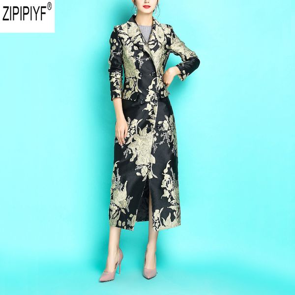 

2018 vintage women print long trench coat fashion long sleeve slim turn down collar temperament trench coat c2208, Tan;black
