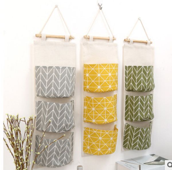 

wall hanging storage bag 3 pockets cotton linen door hanging organizer creative sundries tools handbags home decoration