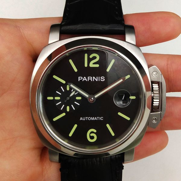 

wristwatch seagull movement 44mm automatic watch leather strap black dial stainless steel case, Slivery;brown