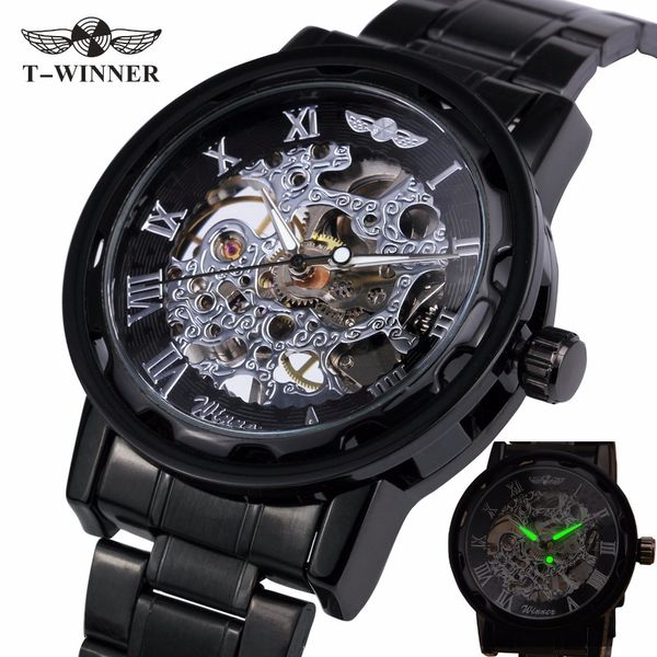 

2018 winner mechanical watches for men hand-wind leather watches roman number skeleton wristwatches luminous hands reloj hombre, Slivery;brown