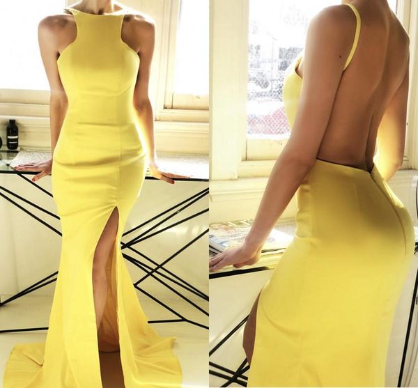 

elegant yellow mermaid prom dresses spaghetti straps side split satin backless evening dresses party dresses sweep train, Black