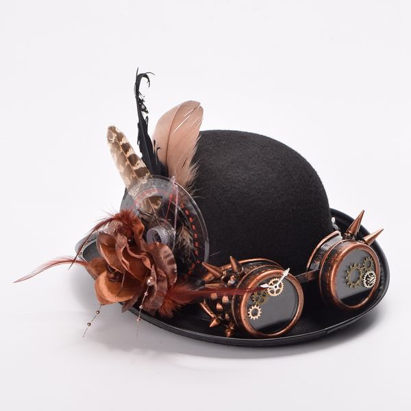 

1pc vintage steampunk hat bowler feathers gear glasses gothic hat victorian cosplay fedora heawear, Silver