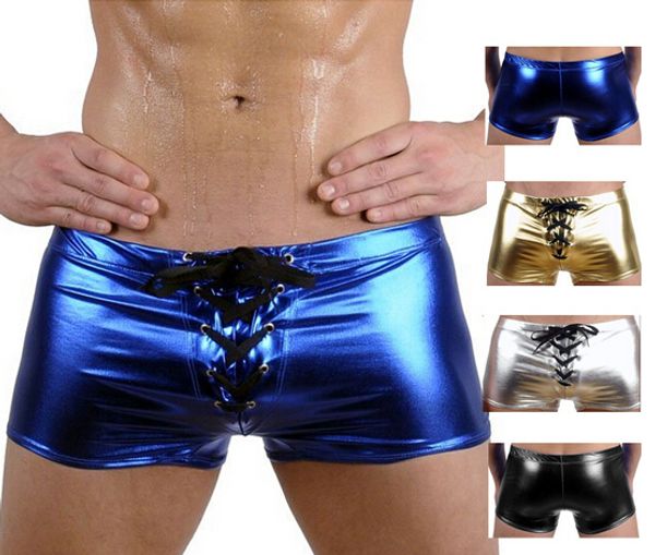 Wholesale-Latest Hot Sexy Men Faux Patent Leather Latex Swimsuit Low Waist Drawstring Boxer Shorts Wetlook Erotic Gay Men Underwear Trunks