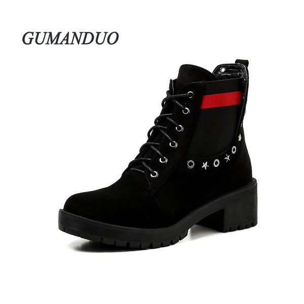 

gumanduo autumn winter fashion women's mid-heeled round toe mixed colors cross-tied concise woman booties black us5-9 suede pu