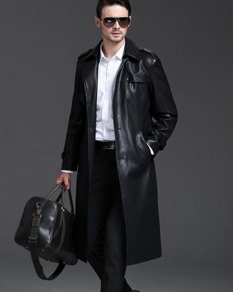 

2018 leather jacket men clothing suit collar style casual turn-down collar medium-long leather coat clothing, Black
