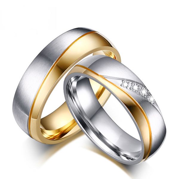 

romantic lover wedding bands rings for women men gold color cz stainless steel couple ring for engagement party jewelry anillos, Golden;silver
