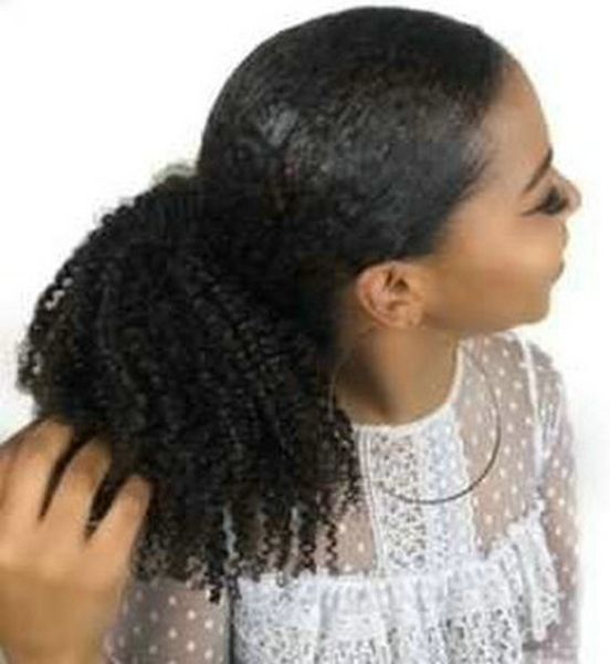 Klip Afro Kinky Kıvırcık Ponytails saç uzatma siyah kadınlar için kısa% 100% İnsan Saç afro puf bakire Saç siyah 1b