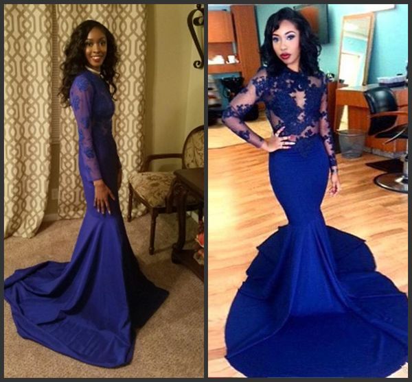 

long sleeves prom dresses 2019 new gorgeous o-neck lace floor length stretch satin mermaid royal blue african prom dress, Black
