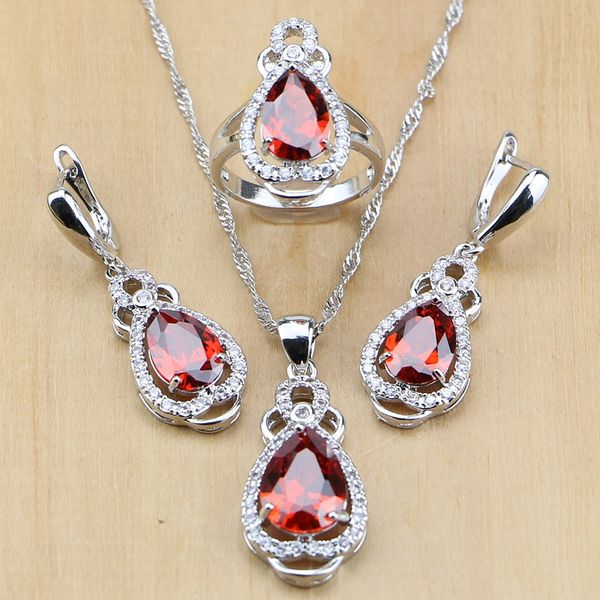 

mystic red zircon 925 sterling silver jewelry sets for women wedding accessories earrings/pendant/necklace/rings, Slivery;golden