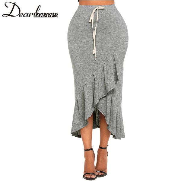 

dear lovers women long party skirts summer elastic waist drawstring ruffle skirt korean 2018 solid maxi skirt grey lc65095, Black