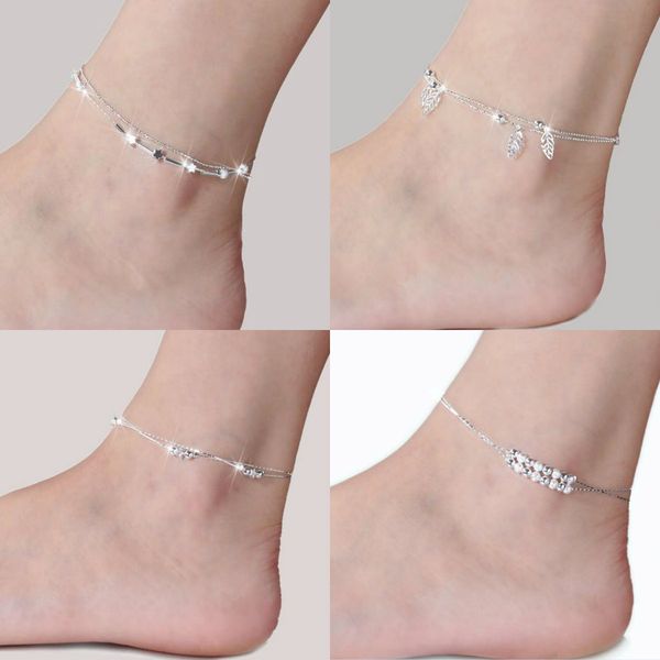 

fashion 925 sterling silver anklets for women ladies girls unique nice simple beads silver chain anklet ankle foot jewelry gift wedding, White