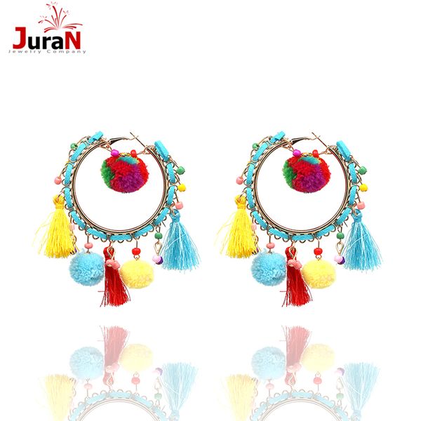 

whole salejuran 2017 exaggerate neon bubble boho big tassel hoop earrings for women new strand pompom ball large statement earring j50017, Golden;silver