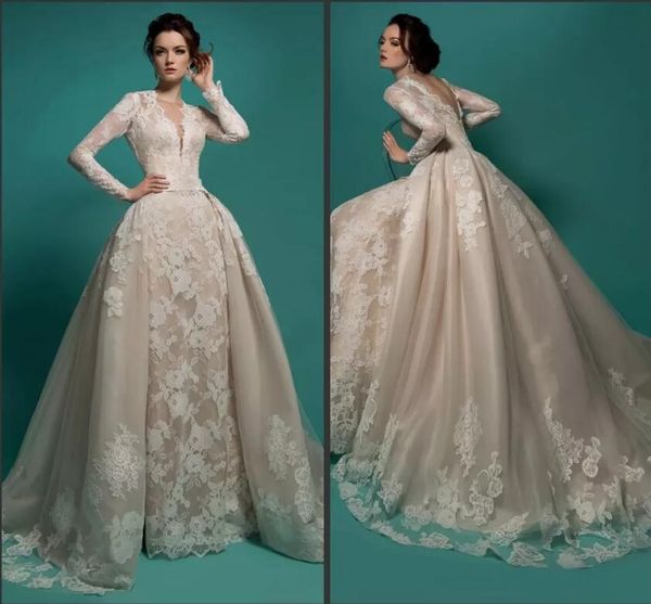 

2019 new wedding dresses sweep train ivory v neck lace applique modest long sleeves bridal gowns hollow back wedding dress, White