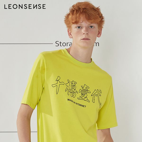 

leonsense 2018 new short sleeve round o-neck yellow t shirt men loose font printed men's t-shirt couple vogue casual short, White;black
