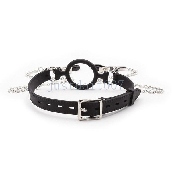 Bondage-Halsband-Rückhalteleine Vollsilikon-Mund offener O-Ring-Knebel-Kettenklemmen neu #R98