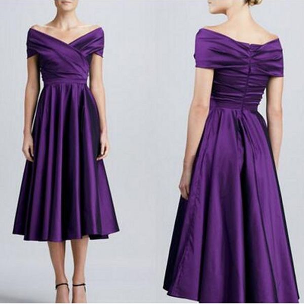 

off shoulder dark purple bridesmaid dresses elegant simple satin short bridesmaid dresses tea length aline bridesmaid gowns party dress, White;pink