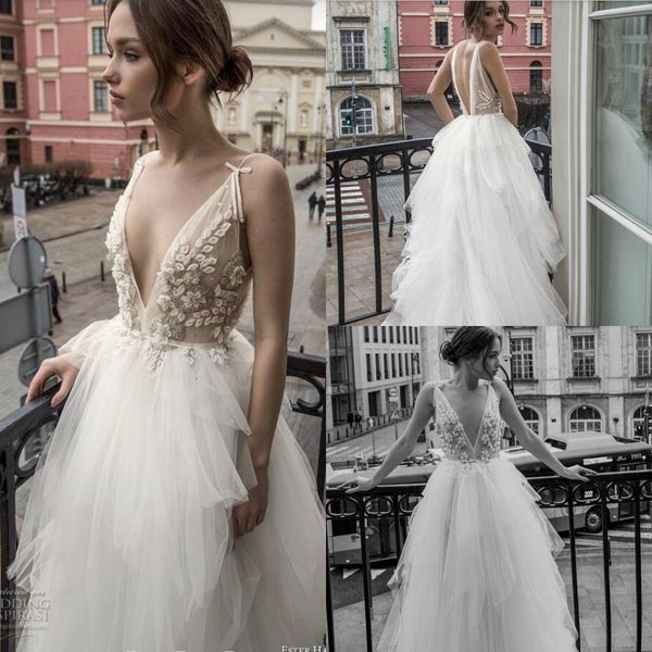 

2019 ester haute beach wedding dresses v neck lace 3d floral appliques a line beads backless boho bridal gowns plus size wedding dress, White